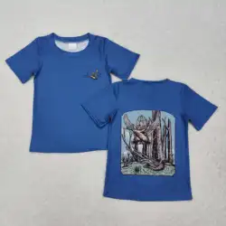 New rts baby boys summer tops wholesale boutique duck trees blue short sleeve boy shirts