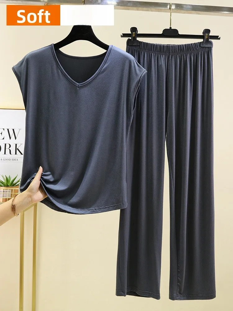 

Свободный комплект из модала с V-образным вырезом, летняя домашняя одежда, женский комплект из двух предметов, большие размеры, удобный наряд с кондиционером