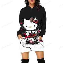 HELLO KITTY Autumn Women Hoodie Dress Fashion Slim Fit Sweatshirt Dresses for Women Pocket Kawaii Hooded Casual Dress Mini Dress