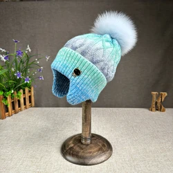 2024 new winter furry fox fur ball colored ear protection warm hat for outdoor activities, skiing, knitting fashion hat