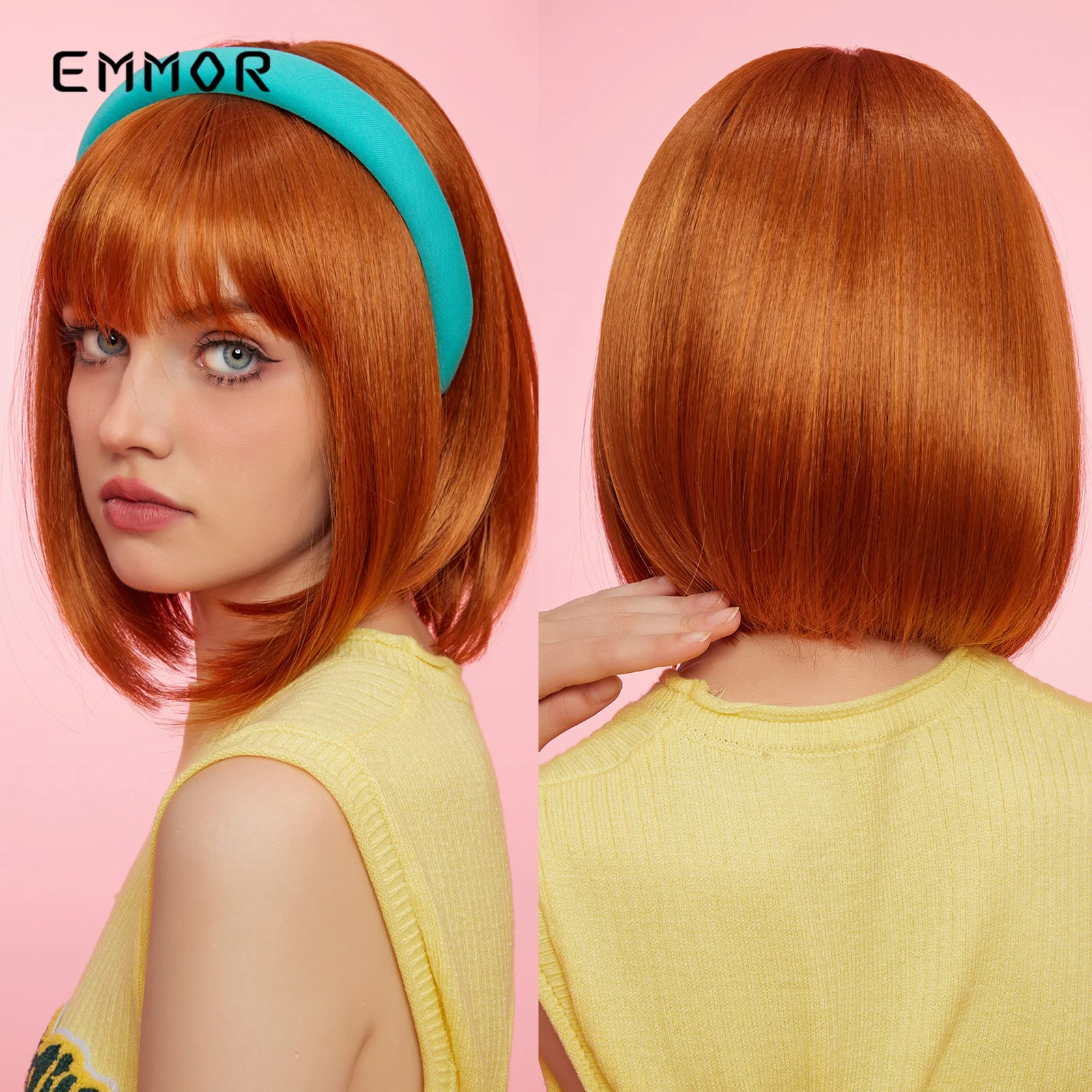 Emmor Short Straight Orange Wigs with Bangs Natural Bob Ginger Synthetic Wig for Women Daily Cosplay Party Heat Resistant Fiber