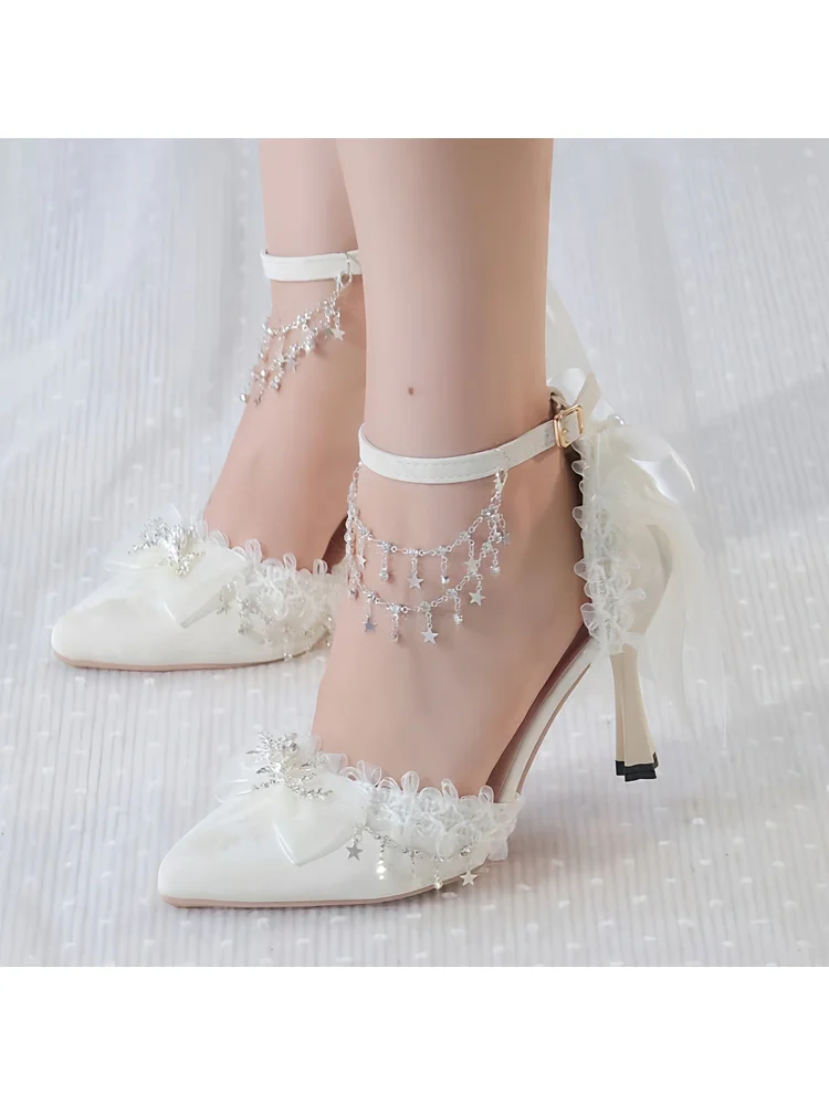 

Оригинальные свадебные туфли в стиле Лолита с бантом и цветами, сверкающие кристаллы, французские туфли на высоком каблуке для принцесс, милые туфли для девушек