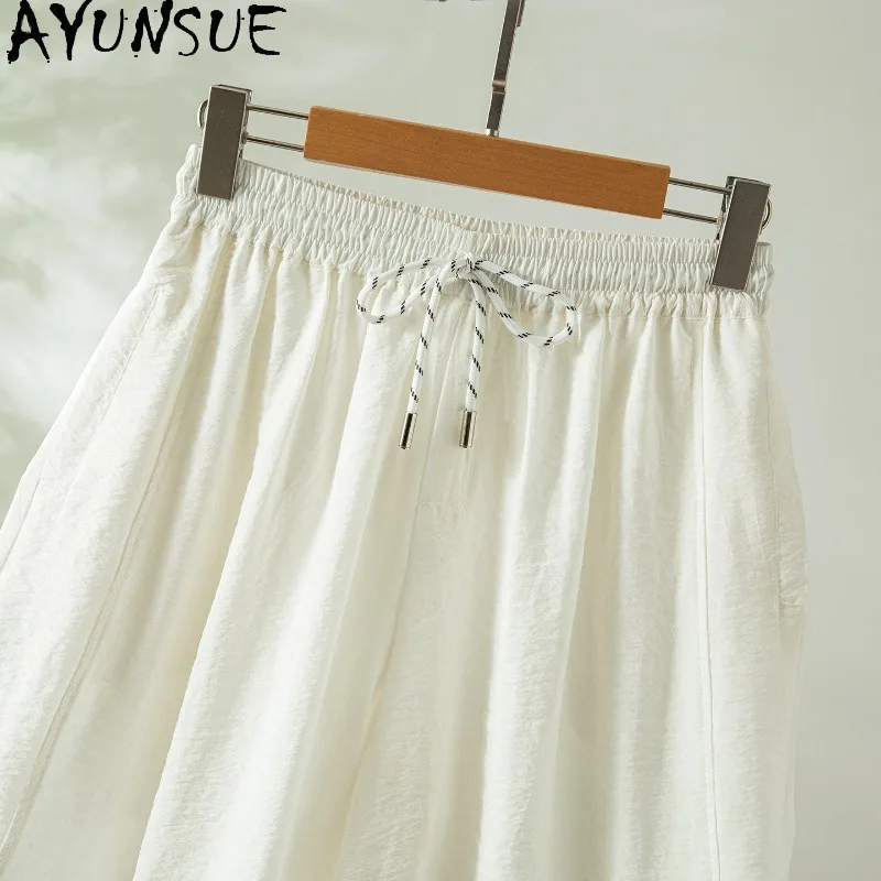 

AYUNSUE 76% Silk Women's Pants Korean Style Casual White Pants for Women Simple Elastic Waist Pants Woman Clothes Ropa Mujer
