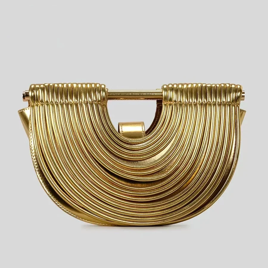 

Handbags for Women 2025 New Gold Luxury Designer Brand Handwoven Noodle Bags Half Round Pulled Hobo Silver Evening Clutch Chic