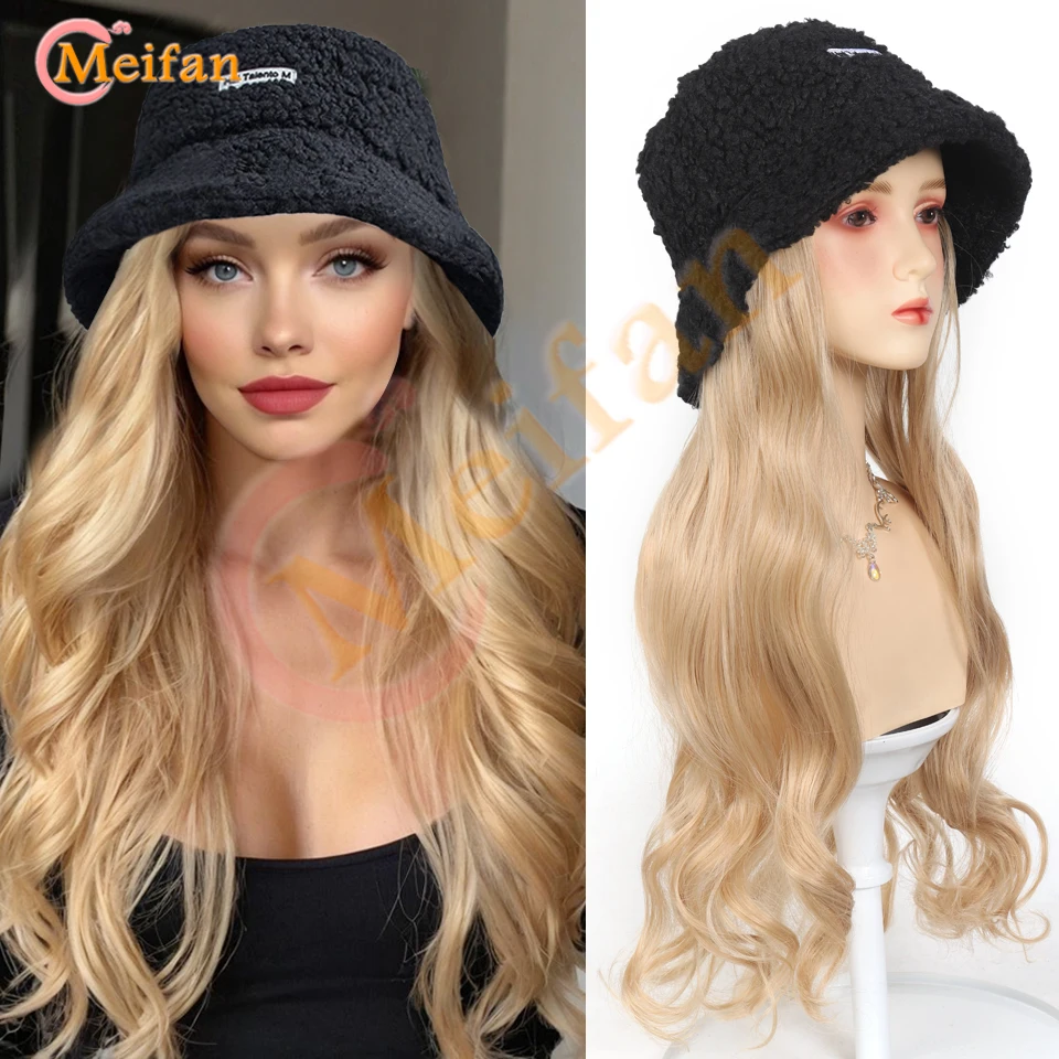 Fisherman Hat Wig Synthetic Long Wavy Curly Hairpiece With Winter Warm Velvet Bucket Hats Hair extension Natural Hair Daily Wear