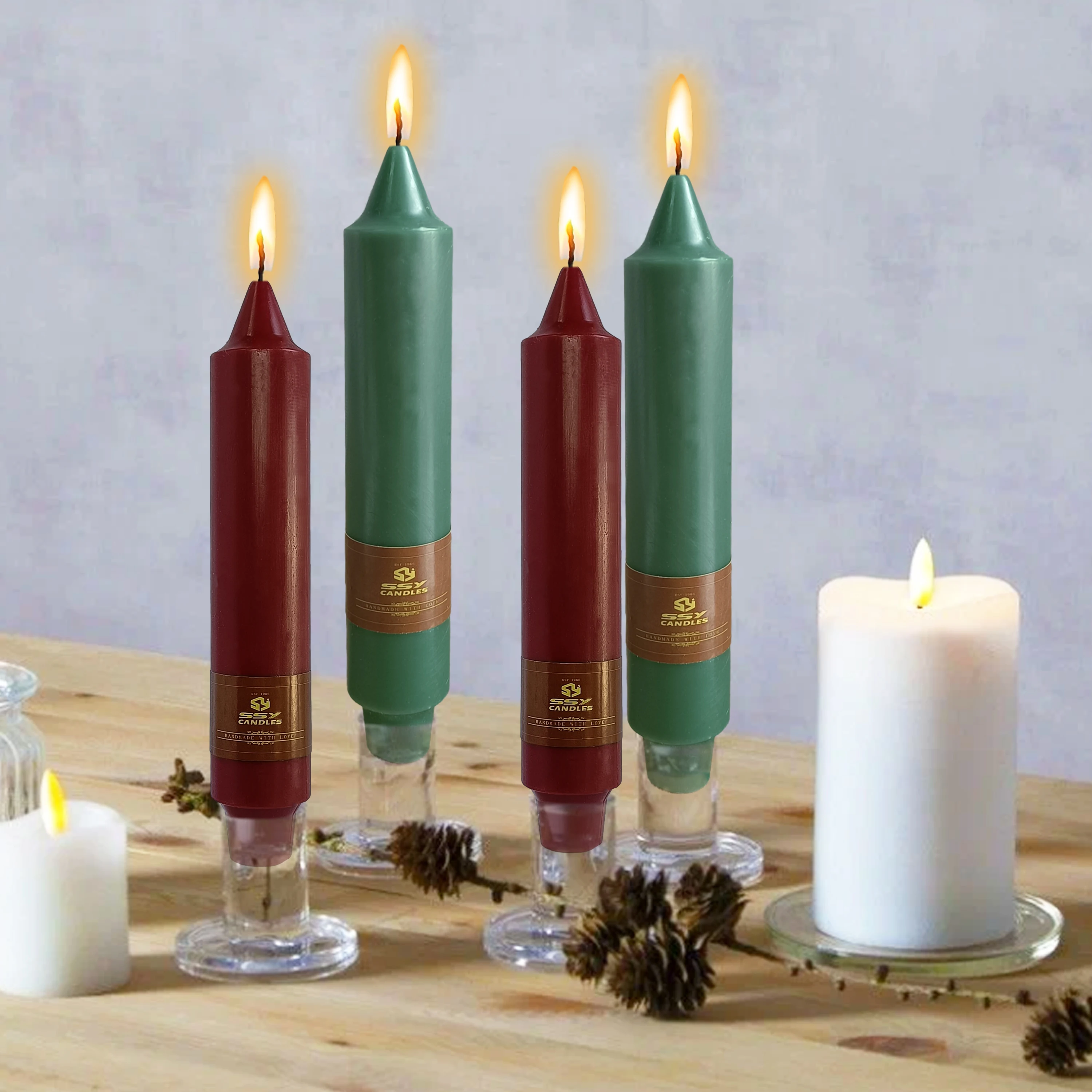 4 Pcs 7 Inch Christmas Red & Green Candles Smokeless Unscented Handmade Paraffin Candles Evening Party Home Decor Candles