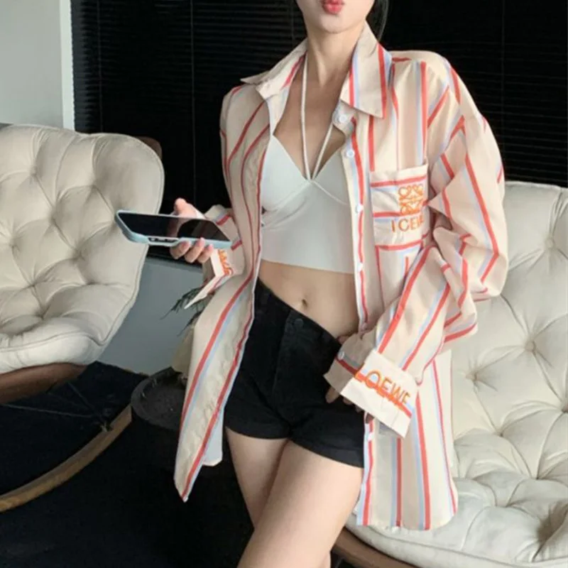 Korean Striped Long Sleeve Blouse Coat Female Fashion Temperament Buttons Cardigan Long Sleeve Shirts Women Clothing Trend Tops