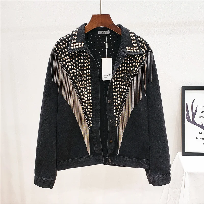 

Fashion Streetwear Denim Jacket Women Rivet Beading Tassel Chain Short Jeans Outerwear Female Loose Black Blue Denim Jacket Coat