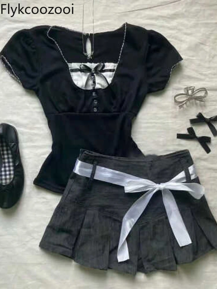 Summer Wear Girls Small Korean Short Bow Blouse Pleated Skirt Two-piece Set Conjunto De Saia E Blusa Moda Evangélica