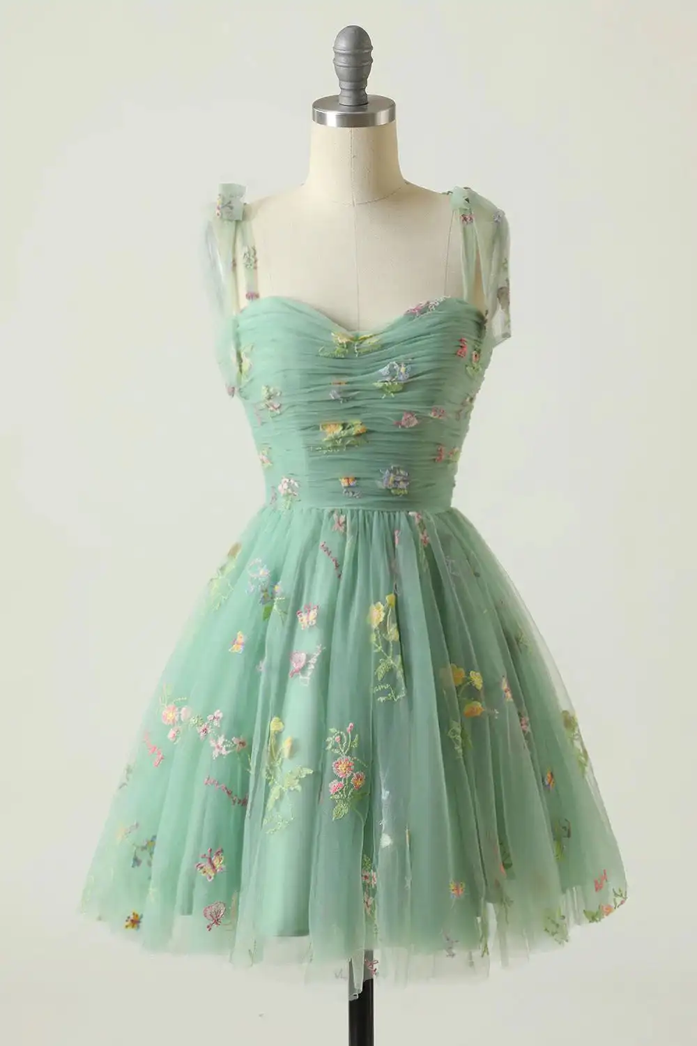 

Tulle Flowers Embroidery Mini Homecoming Dresses Sweetheart Spaghetti Straps Pleated Evening Gown A-line Backless Prom Dress