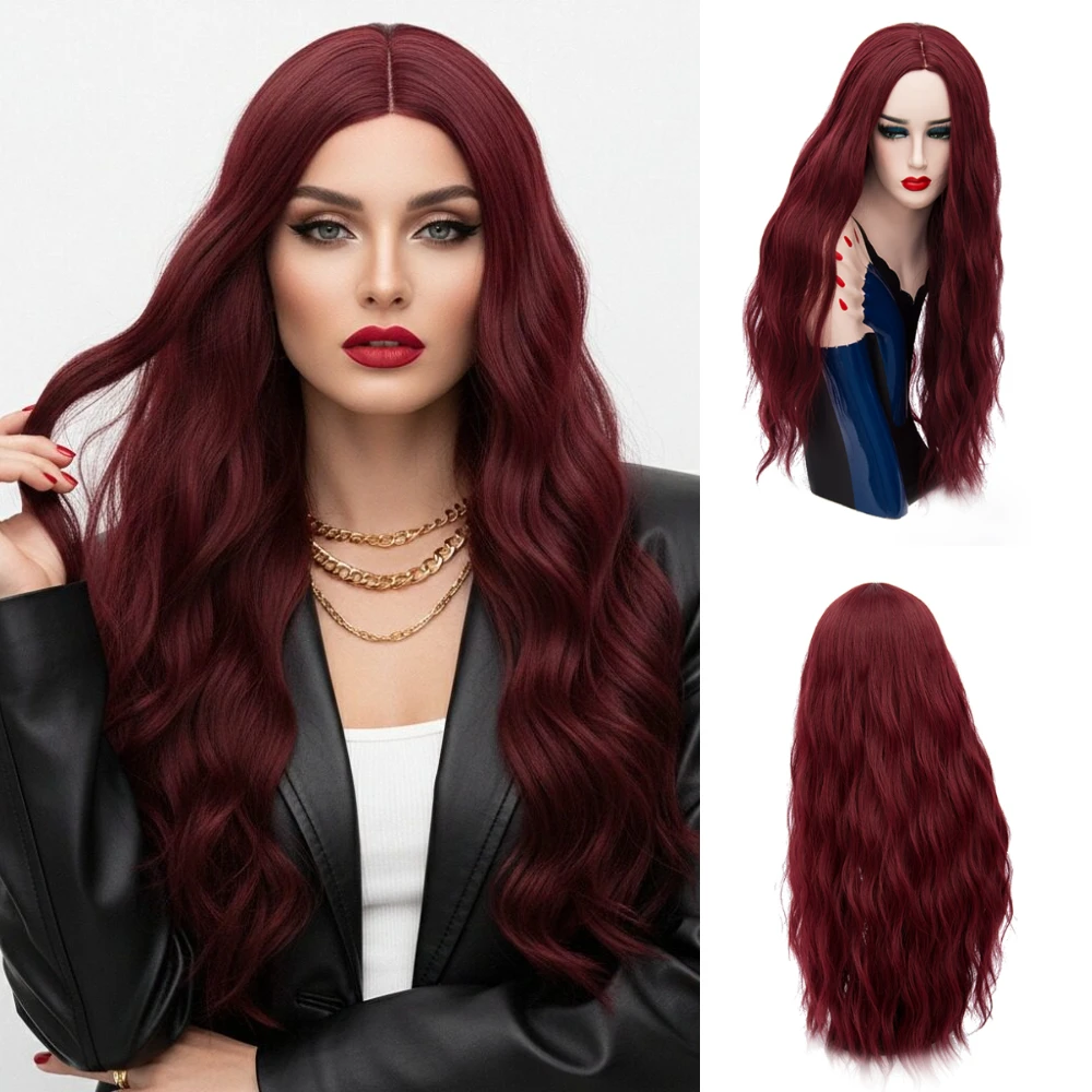 

Женский длинный волнистый парик бордового цвета с центральной проборкой, термостойкий, синтетический, для косплея, Хэллоуина и повседневной носки