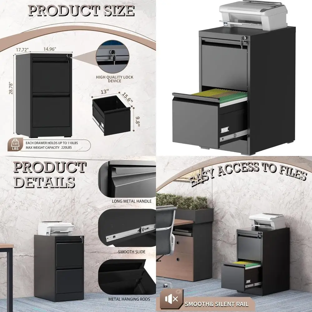 

Прочный стальной шкаф для документов с 2 ящиками и замком, вертикальное хранение для документов формата Legal/A4, легкая сборка, черный