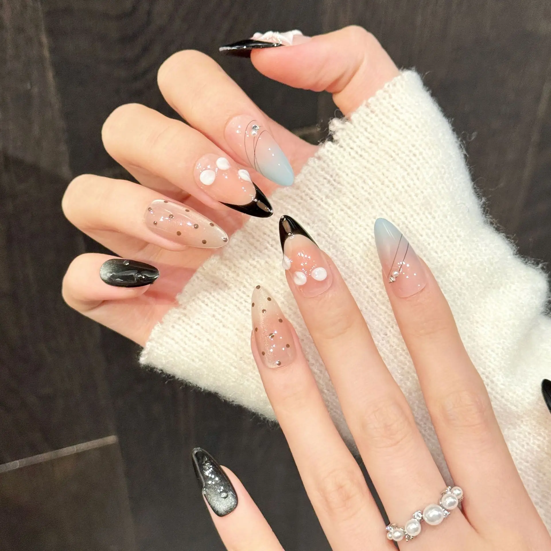 10 PCS Luxury Handmade Press on Nails Middle Almond Pink-Black Contrast Design with 3-PIECE Tool Adhesive Nail Glue Tabs