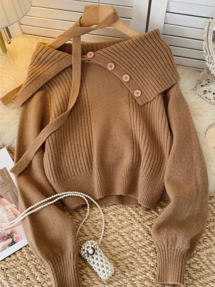 Elegant and Chic Knitting Sweater Autumn Turn-down Collar Button Decor Long Sleeves Casual Y2k Tops Female One Piece Clothes New