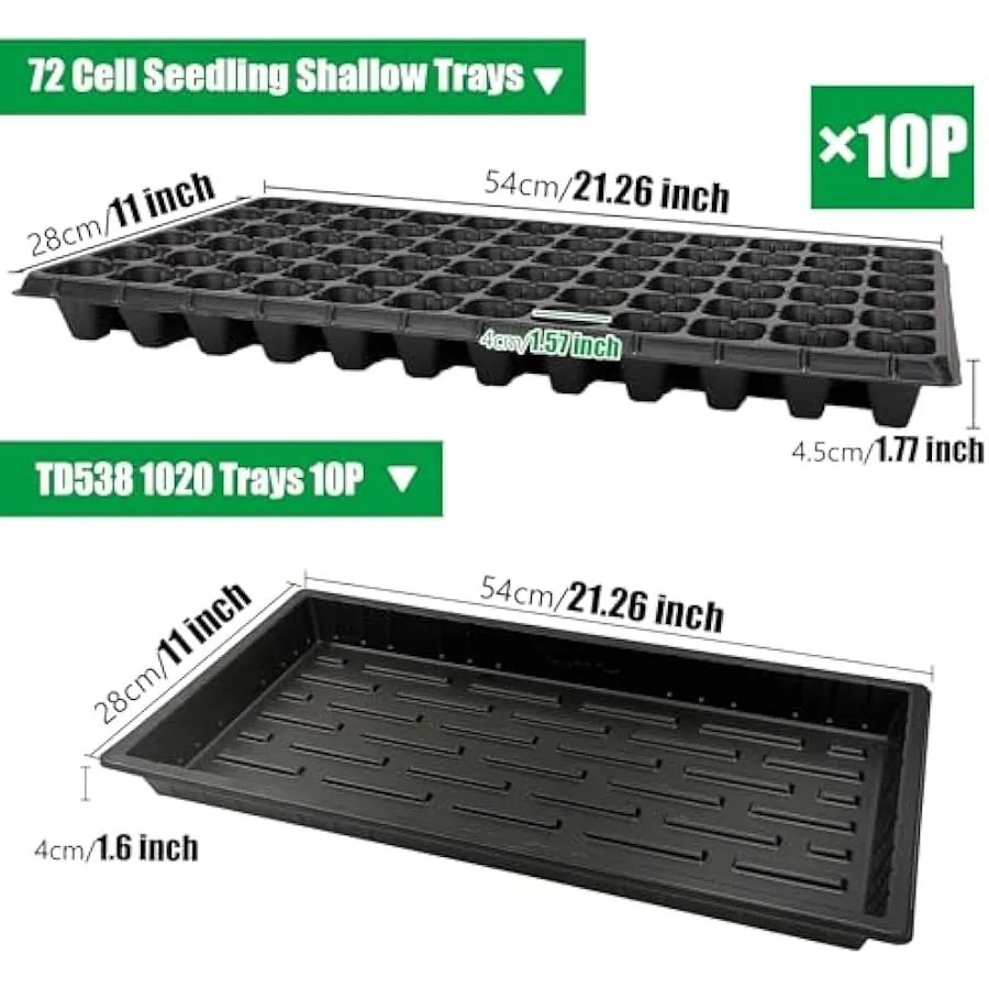 10 Pack 1020 Seed Starter Trays and 10 Pcs 72 Cell Plug Trays Thick Durable Seedling Plastic Nursery Tray for TD538 1020 Tray G