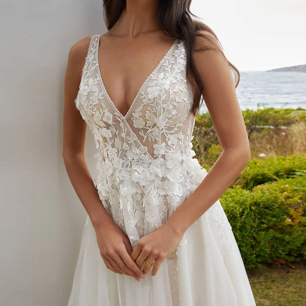 Свадебные платья с V-образным вырезом по индивидуальному заказу, широкие бретели, аппликация, кружево, свадебные платья длиной до пола, молния с открытой спиной и цветочным принтом, Vestido de novia
