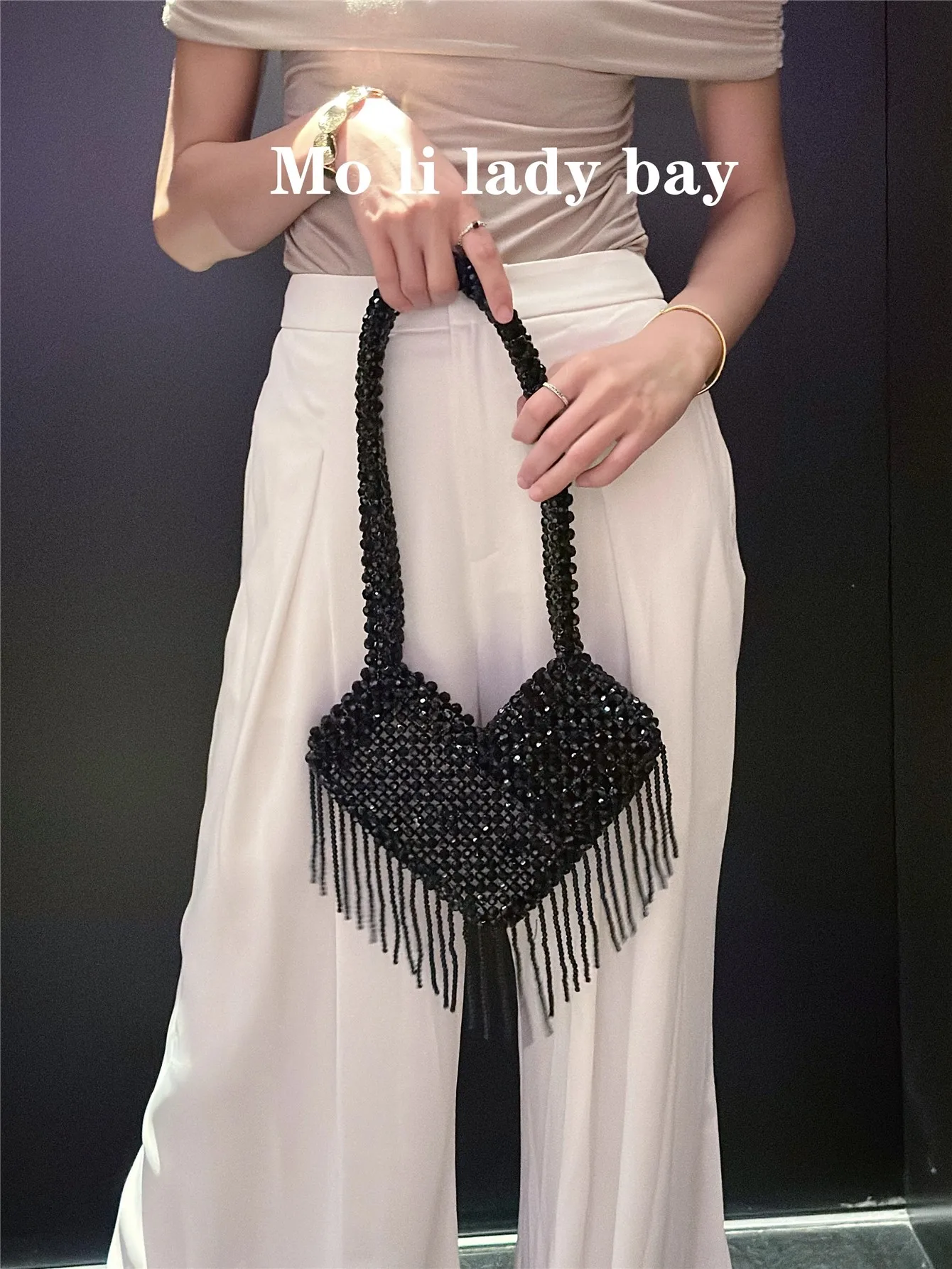 

Fashion Black Beads Beading Tassel Women Handbag Beads Beaded Woven Handmade Clutch Purse Wedding Party Banquet Bag Shoulder Bag