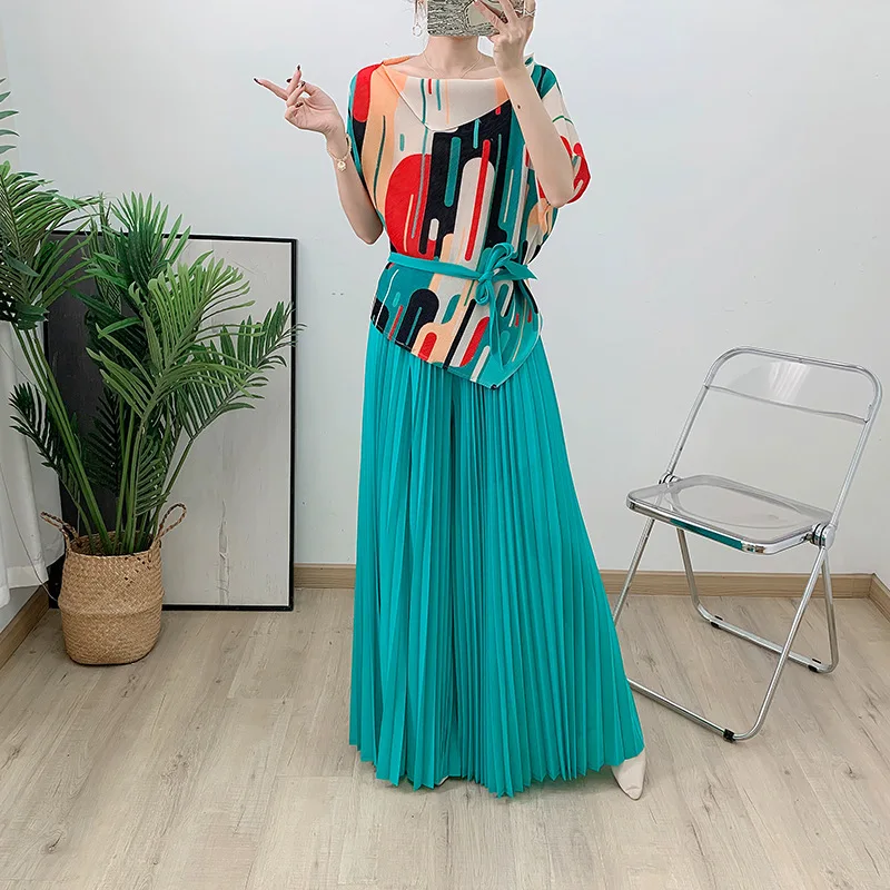 

ANLAN Printed Miyake Pleated Pant Sets Women Contrast Color Tops + Wide Leg Trousers Elegant Two Piece Sets 2025 New 2AN5903