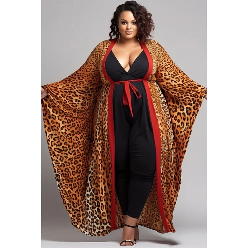 Plus Size Beach Brown Leopard Cardigans Long Sleeve Cover Ups