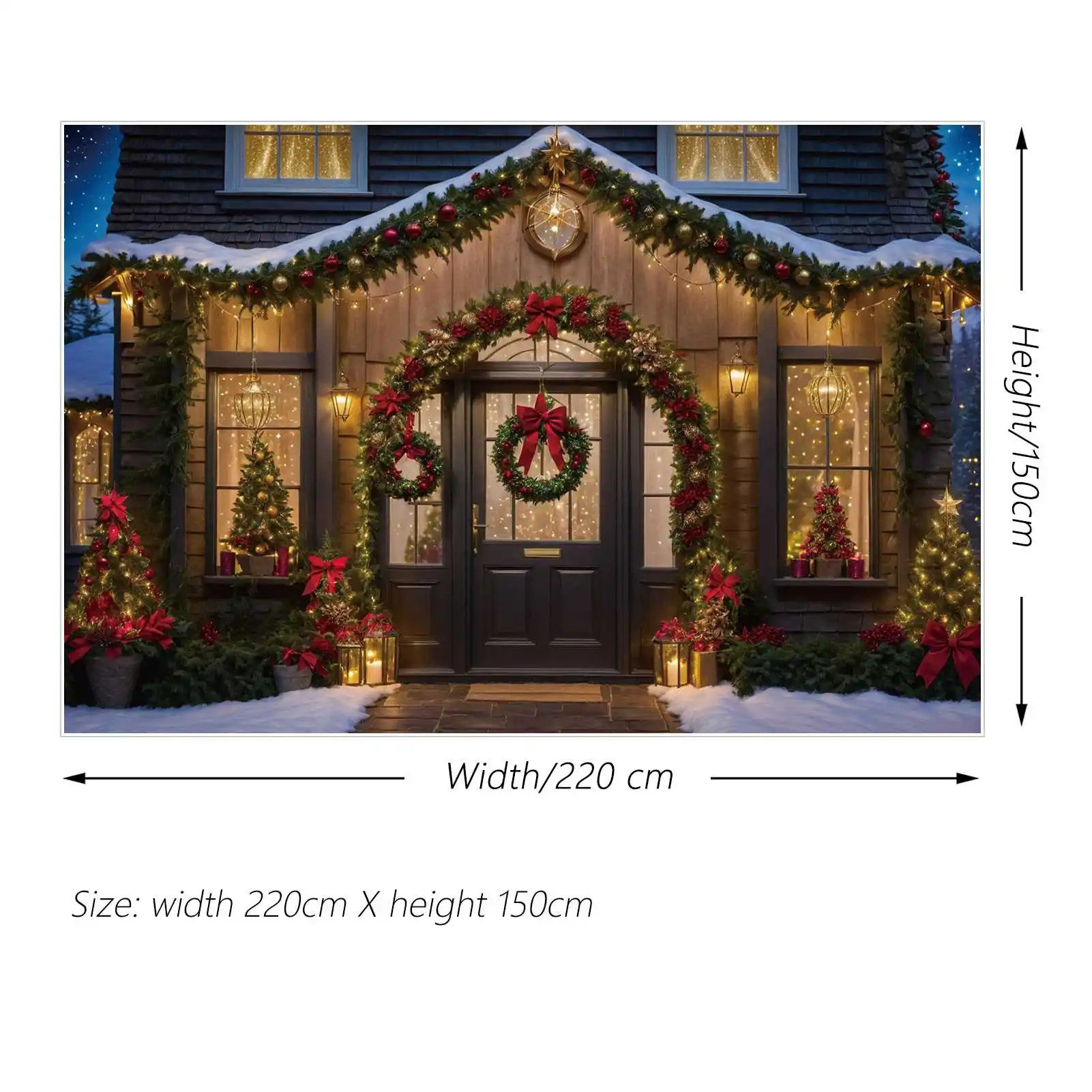 MOON.QG Backdrop Christmas Village Decorations for Home Background Wood Door Wreath Trees Gold Lights Party Props for Photoshoot