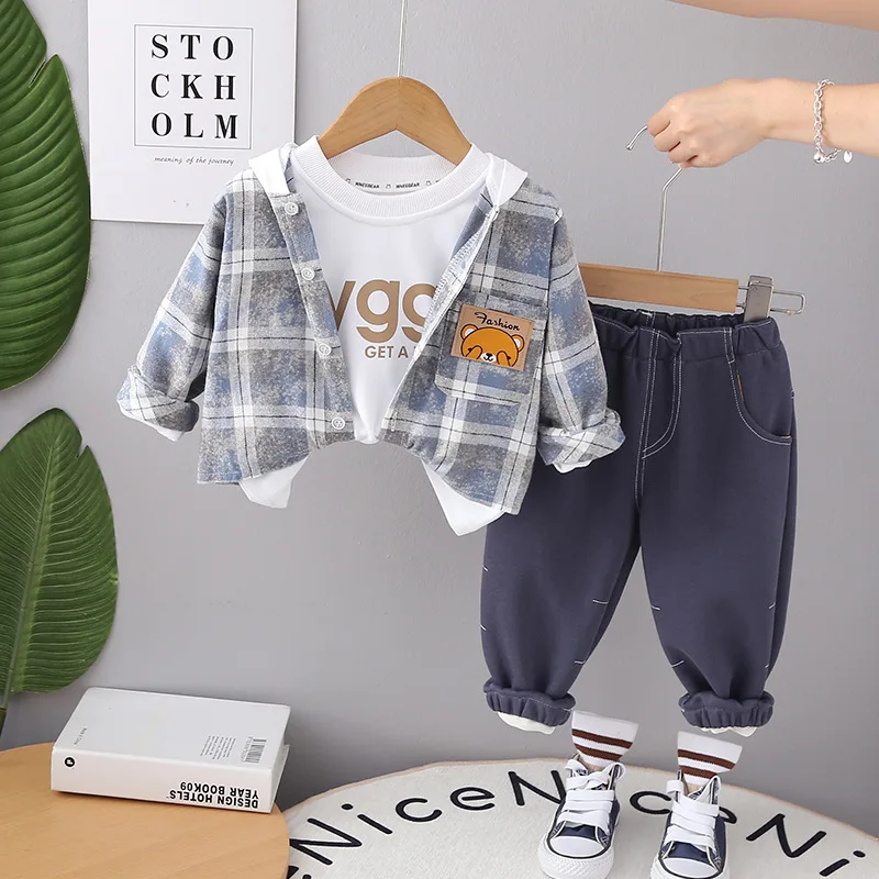 Baby Boy Valentines Day Outfit 2023 Autumn Korean Style Cartoon Plaid Hooded Shirts White T-shirts Casual Pants Kids Boys Suit