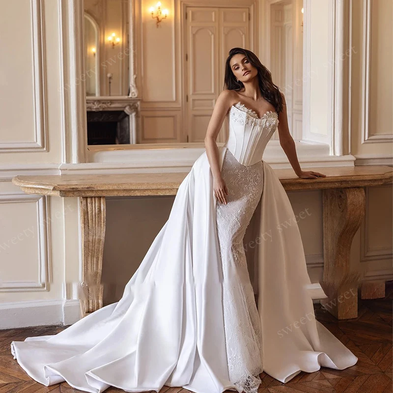 

Graceful Detachable Train Wedding Dress Satin With Embroidered Mermaid Ballgown Sleeveless Strapless Customized Vestido De Novia