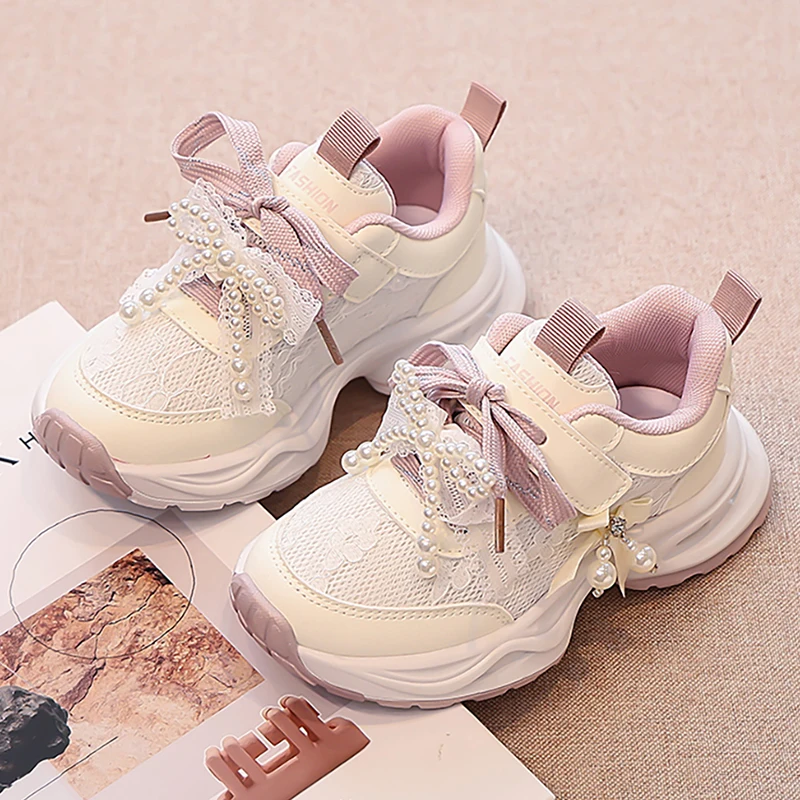 

Autumn Sport Shoes For Children Mesh Breathable Teenager Girl's Sneakers Korean Style Pearl Bow Girl's Running Shoes Footwear
