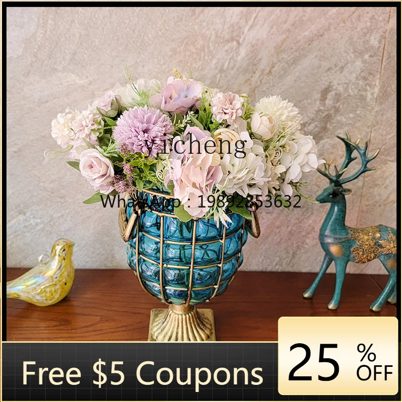 

M3-19 Iron Art Blown Glass Vase Living Room Transparent Blue Ornament Flower Arrangement