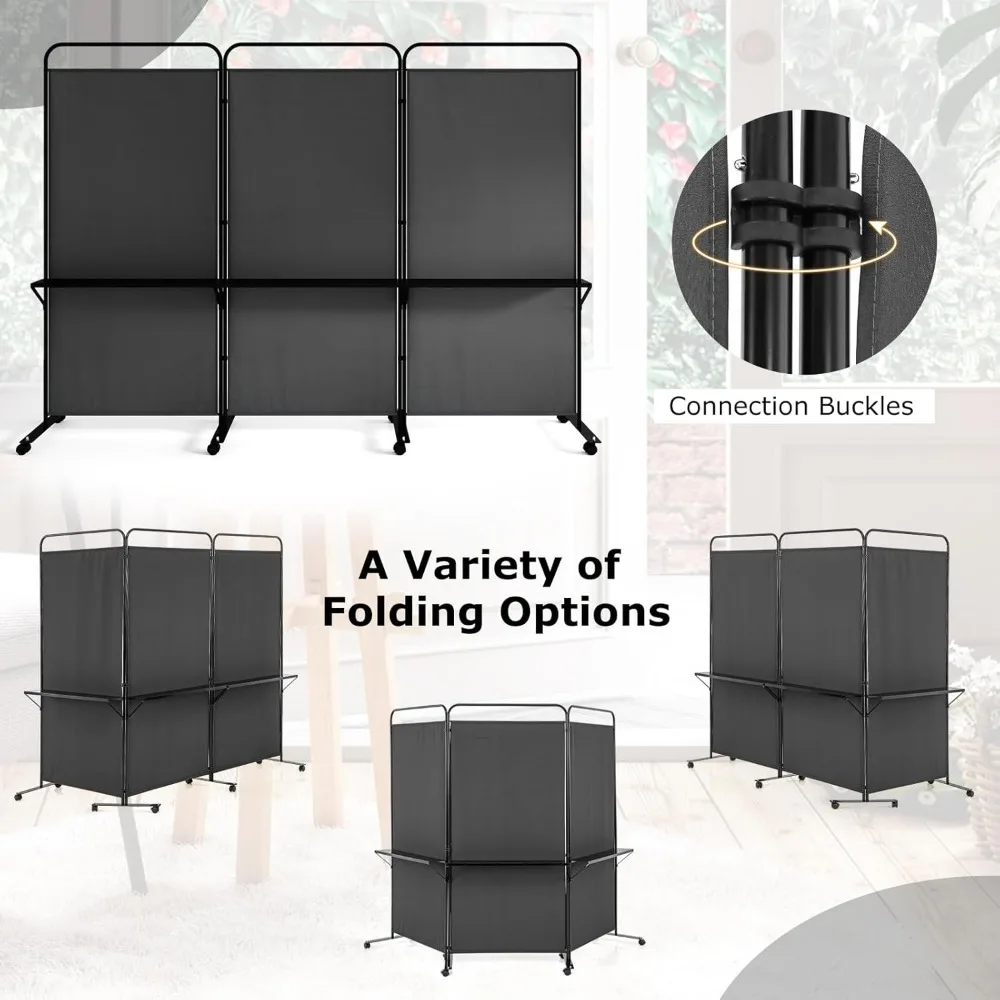 مقسم غرفة قابل للطي بثلاثة ألواح مع عجلات وأرفف، 103 عرض × 74 طويلًا، قسم شاشة الخصوصية للمنزل، فاصل دوار مع