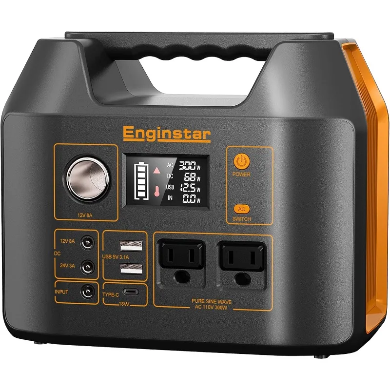 Power Station EnginStar 300W Solar Generator 110V 296Wh Power Bank Two Pure Sine Wave AC Outlet 80000mAh Lithium Battery