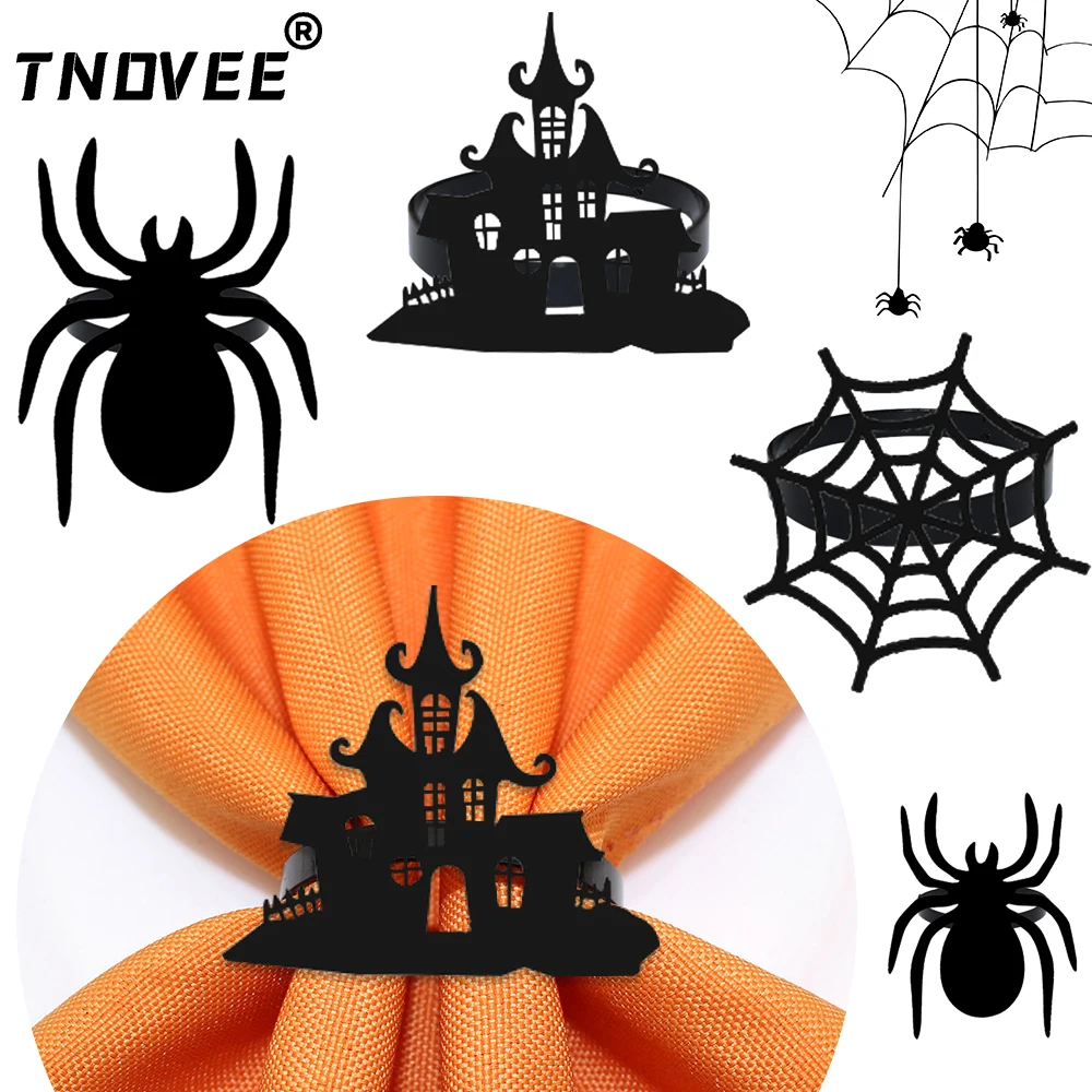 12Pcs Mixed Halloween Napkin Rings Black Spider Castle Spider Web Napkin Holder Buckle Serviette for Holiday Banquet Party Decor