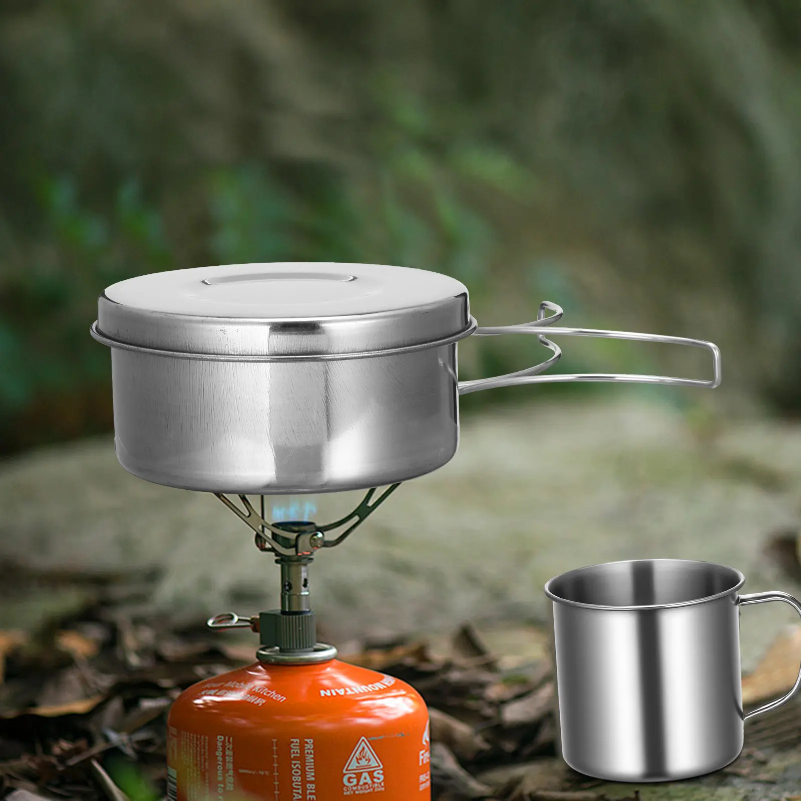 

8Pcs Premium Portable Cookware Set Scratch Resistant Stainless Steel Camping Pot Pan Foldable Handle for Hiking Picnic
