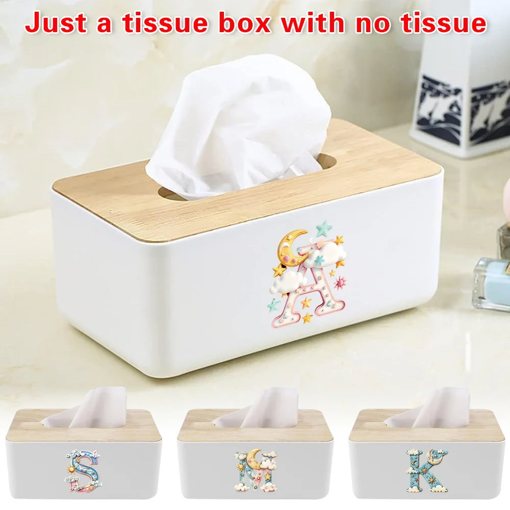 

Non-slip bottom Tissue Box Dustproof Large Capacity Tissue Case with Natural bamboo cover Iridescent Cloud Letter Pattern