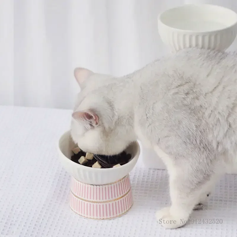Cartoon Cat Bowls, Ceramic High Foot Anti-Overturning Protection, Cervical Rice Bowl, Dog Drinking Water Food Bowl, Supplies 1Pc