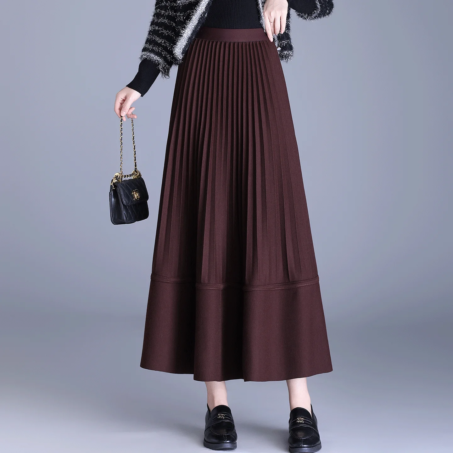 

Юбка-миди с высокой талией, А-силуэт, в пол, корейский стиль, из полиэстера, с эластичным поясом, плиссированная, для женщин