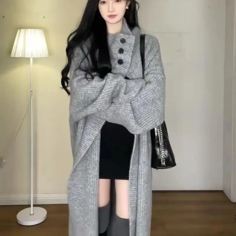 

Newautumn Winter Plussize Women Loose Casual Long Over Knee Knitted Cardiganfor Lazy Style Fashion Versatile Large Sweaterjacket