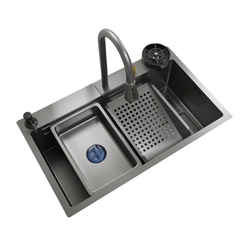 Imagem -06 - Cachoeira Pia com Porta-faca Único Nano Sink Anti-scratch Counter Top Grande Cozinha Aço Inoxidável 304