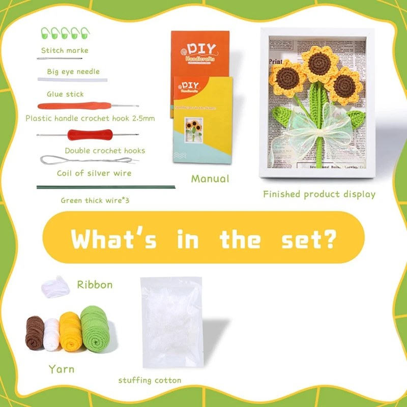 1Set Crochet Kits For Beginners With Step-By-Step Video Tutorials Sunflower Bouquet Photo Frame Kits Complete Crochet Kit