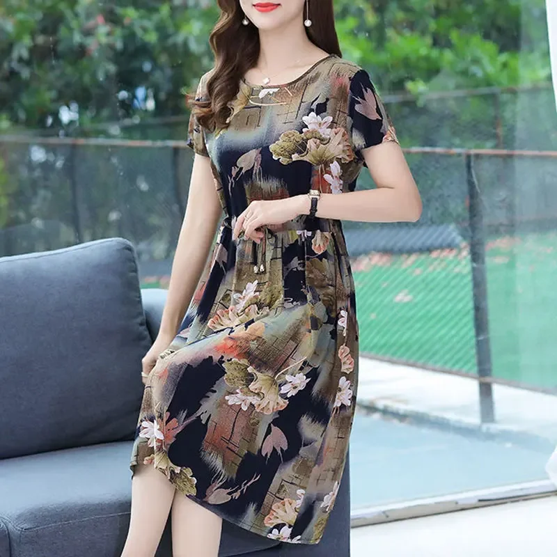 

Women's Clothing Vintage Floral Printed Dresses Short Sleeve Commute A-Line 2024 Round Neck Stylish Drawstring Midi Dress ZL310