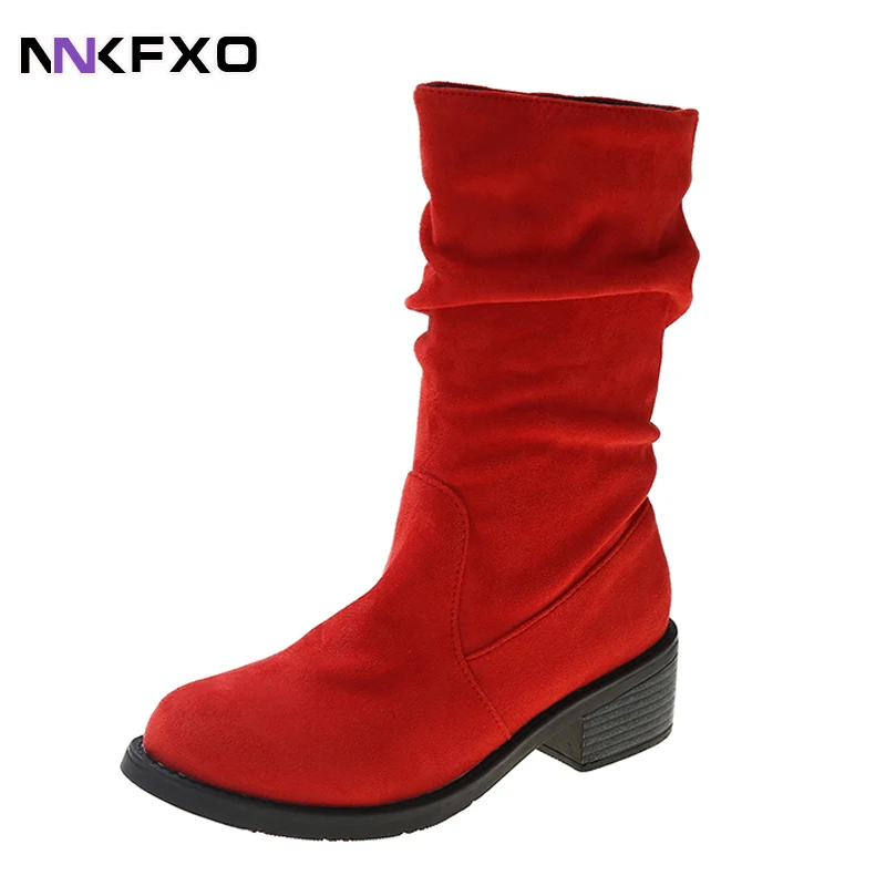 

2023 Women Fashion Pleated Mid Calf Boots Female Autumn Winter Comfortable Half Boots Round Toe Low Heels Faux Suede Boots QB463