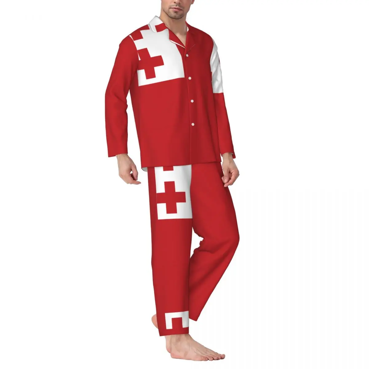 Men Pajamas Set of Autumn Winter Long-Sleeved Tonga Flag Home Clothing Sleepwear 2PCS/Set