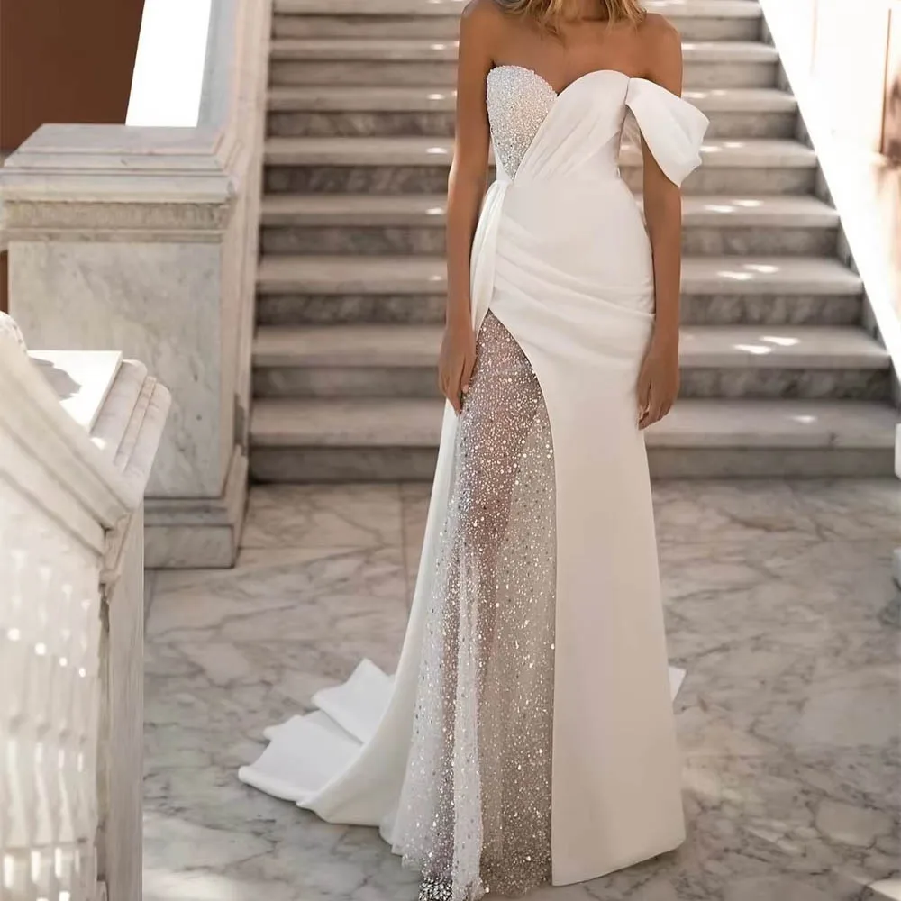 Customized Soft White Satin Wedding Dress For Woman Bride Sweetheart Off the Shoulder Sexy Straight Court Train Bridal Gown