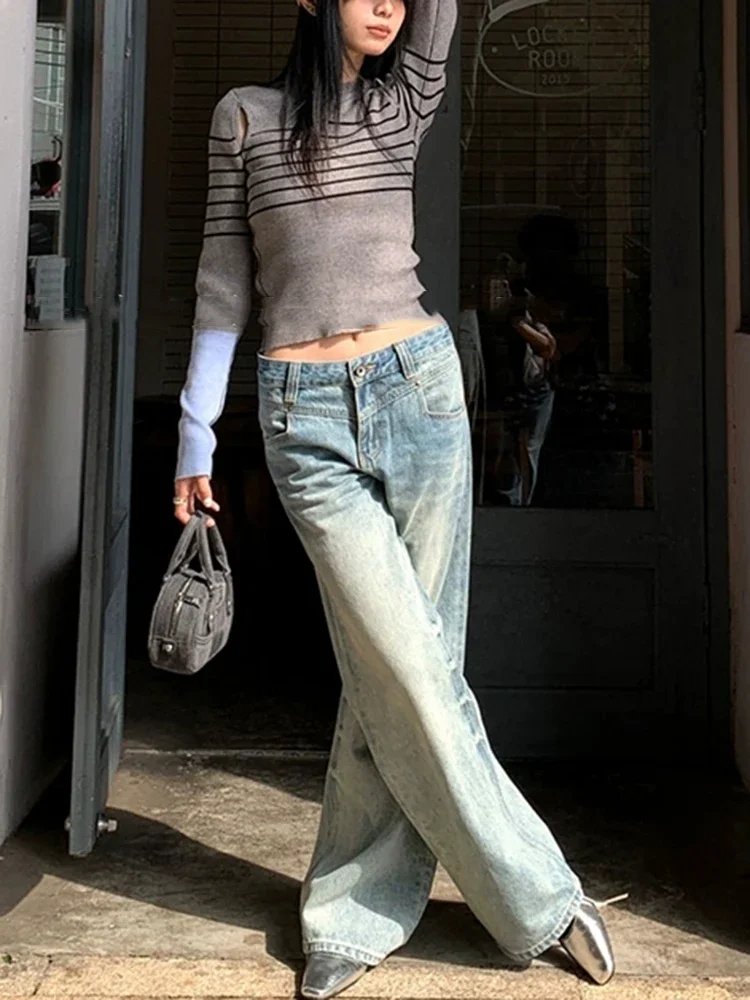 Fashion Street Casual Woman Jeans Simple Basic Blue Straight Pants Female Chicly New Retro Slim High Waist Woman Jeans