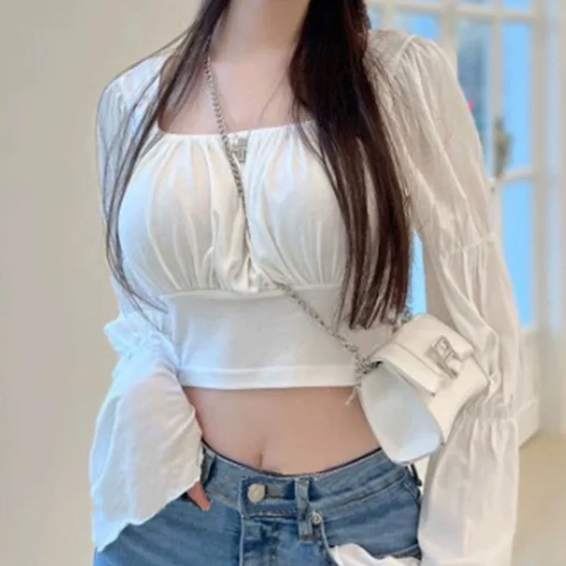 Korean Dongdaemun stylish square-neck ruched sexy short crop top with exposed midriff, waist-cinching, bust-enhancing, JXVZ