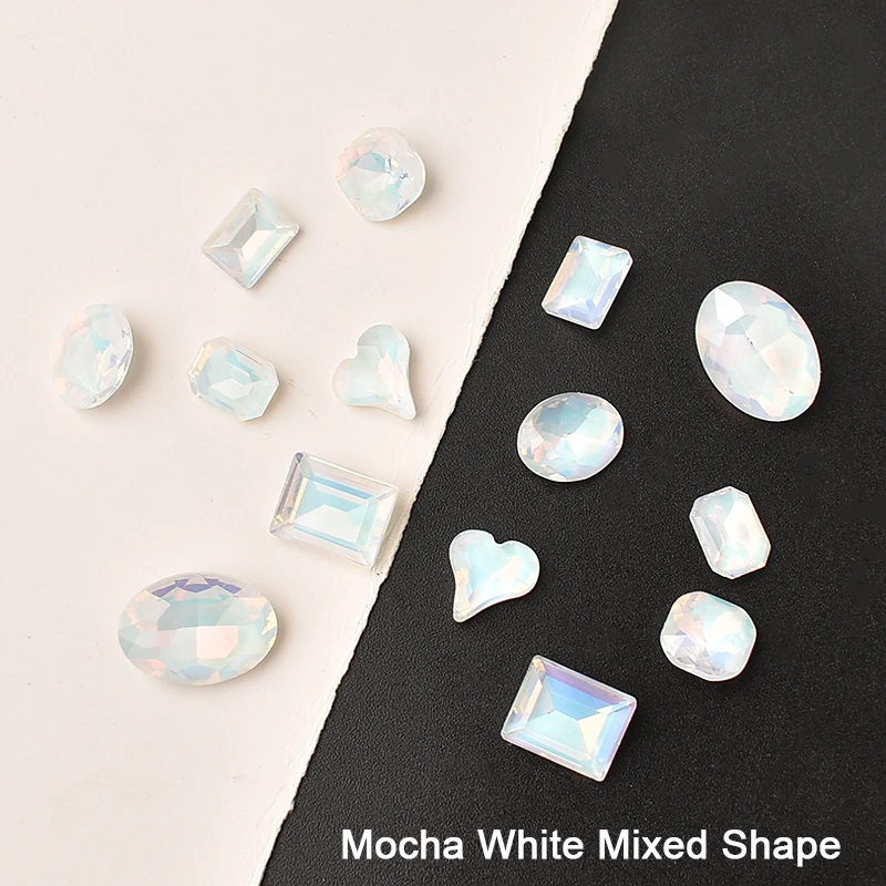 

20/50PCS Mocha White Mixed Shape Nail Art Rhinestone Pointed Bottom Pigeon Egg Rectangular Crystal Glass Manicure DIY Decoration