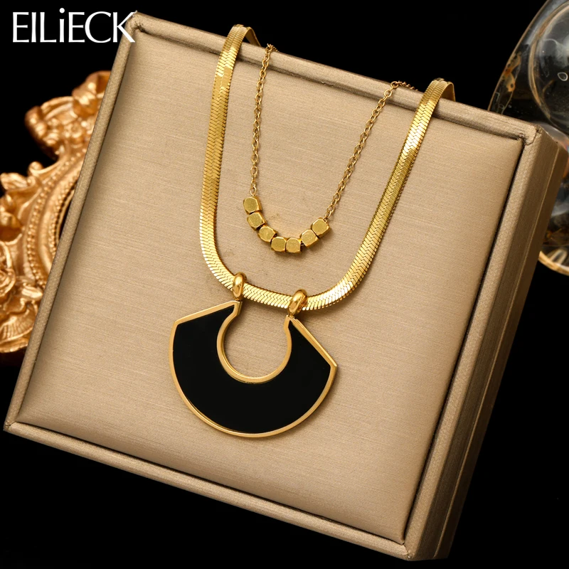 EILIECK 316L Stainless Steel Exaggerated Black Geometric Pendant Necklace For Women Fashion 2-Layer Neck Chain Jewelry Gift