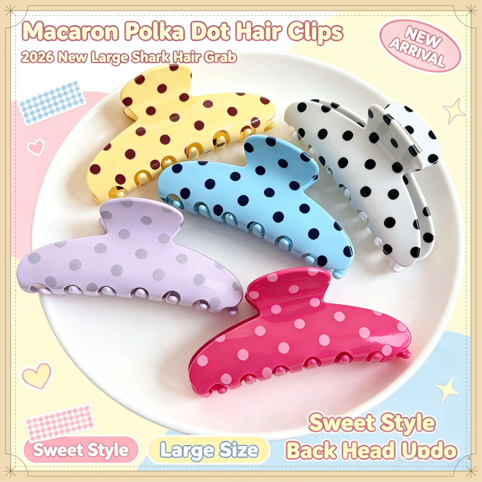2026 New Polka Dot Macaron Color Large Hair Claw Clips Sweet Girly Back Head Updo Shark Grab Hair Accessories For Women