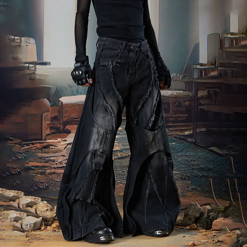 LUZHEN Burr Original Niche Design 2026 Patchwork Vintage New Wide Leg Denim Pants Men's Stylish Street Loose Male Jeans JY9005