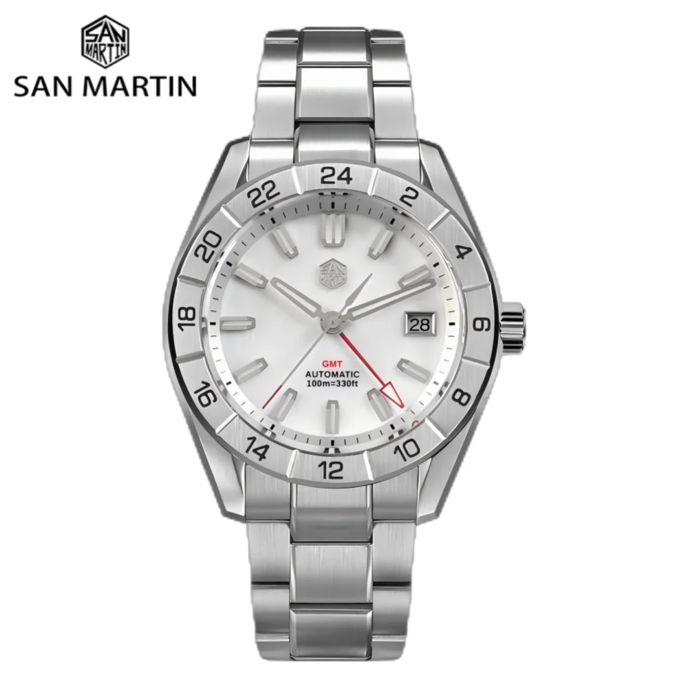 

San Martin 42mm Men Watch NH34 GMT Natural MOP Dial 3H Date Swim Automatic Sapphire BGW-X1 Blue Luminous Dress Reloj SN0130