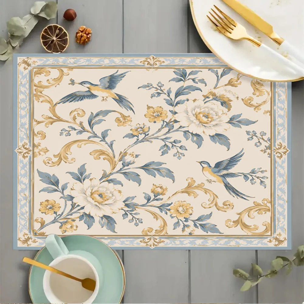 Elegant Stylish Vintage European Bird & Floral Table Pad, Machine Washable Placemat for Dining, Tea Table and Home Decoration